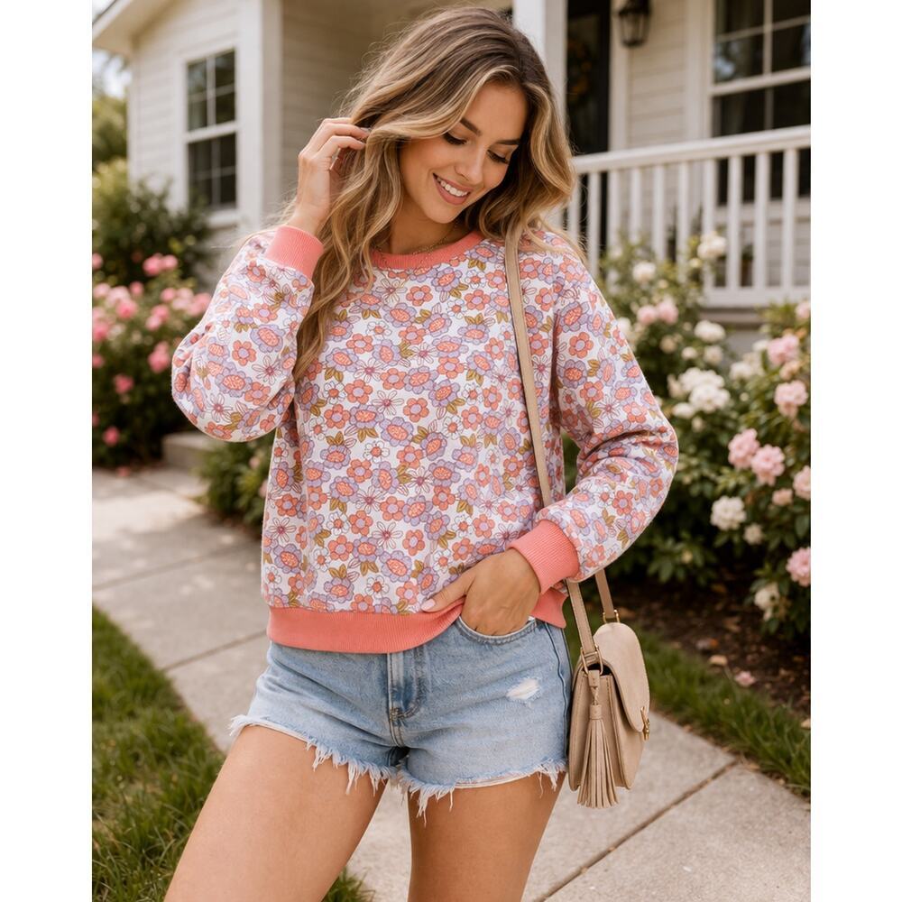 Elisabeth + Faith Floral Sweatshirt Size L Pink Orange Retro Print Crewneck EUC